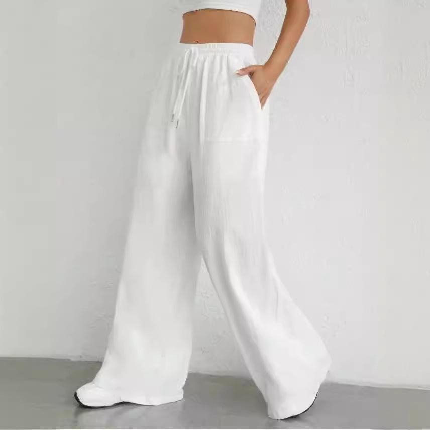 

Женские однотонные брюки с широкими штанинами на кулиске, повседневные брюки с эластичной талией и наклонными карманами для весны и лета, женская одежда XS белый