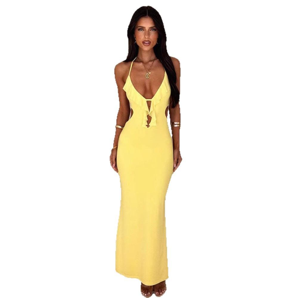 Spring European and American Style Fashion Temperament Pure Desire Spice Girl Sexy Low Cut Solid Color Slim Backless Dress