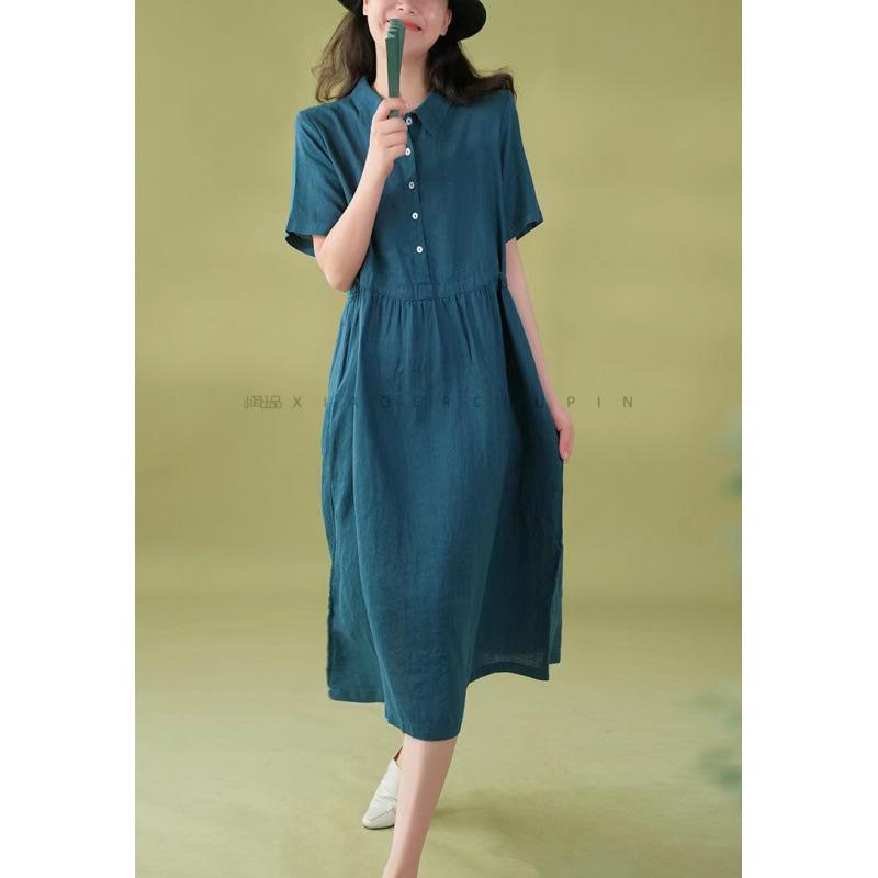 Korean Style Cotton Linen Retro Long Dress for Women, Spring/Summer 2026 Collection, Short Sleeve with Shirt Collar
