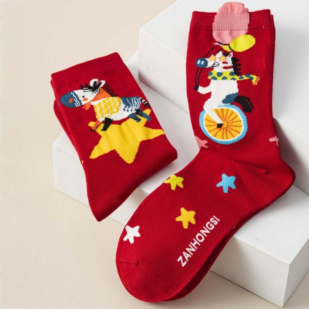 4Pairs Cotton New Year Red Socks Blessing Words Winter Red Socks Zodiac Horse Socks Gifts