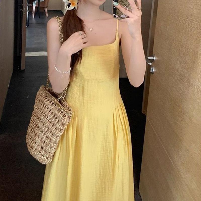 Women s Yellow Spaghetti Strap Summer Dress - Slim Fit & Beach-Ready Large