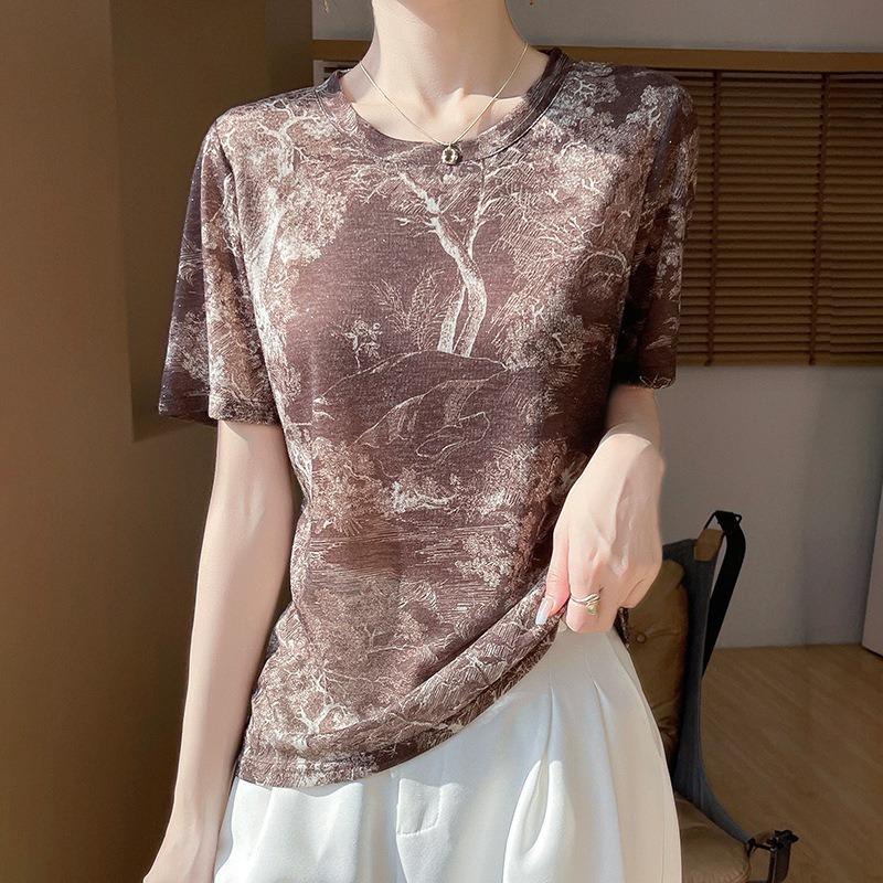 Women's New Summer Tie-dye Ink Painting Short-sleeved Casual Versatile Thin Positive Shoulder Round Neck T-shirt