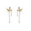 French Retro Iris Stud Earrings Pearl Beaded Tassel Simple And Sweet Long Face Small Earrings Women