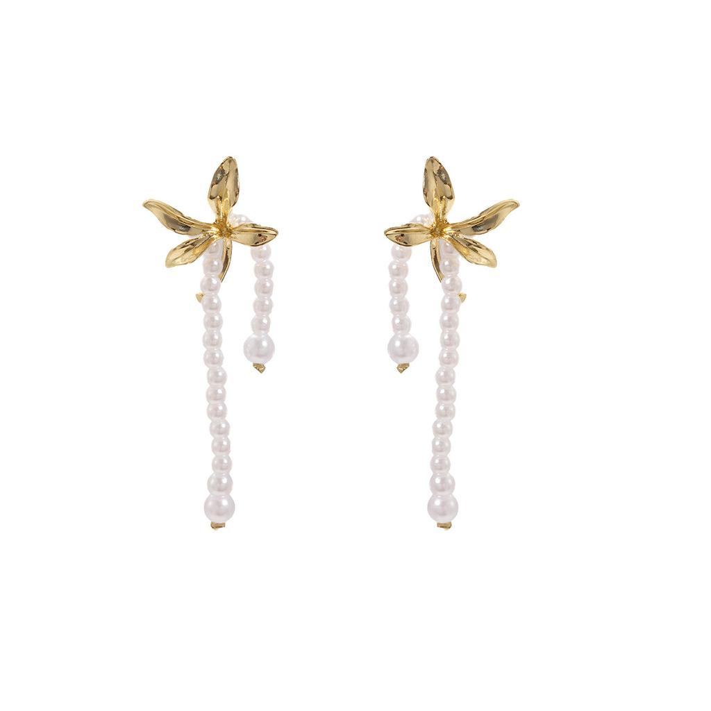 French Retro Iris Stud Earrings Pearl Beaded Tassel Simple And Sweet Long Face Small Earrings Women