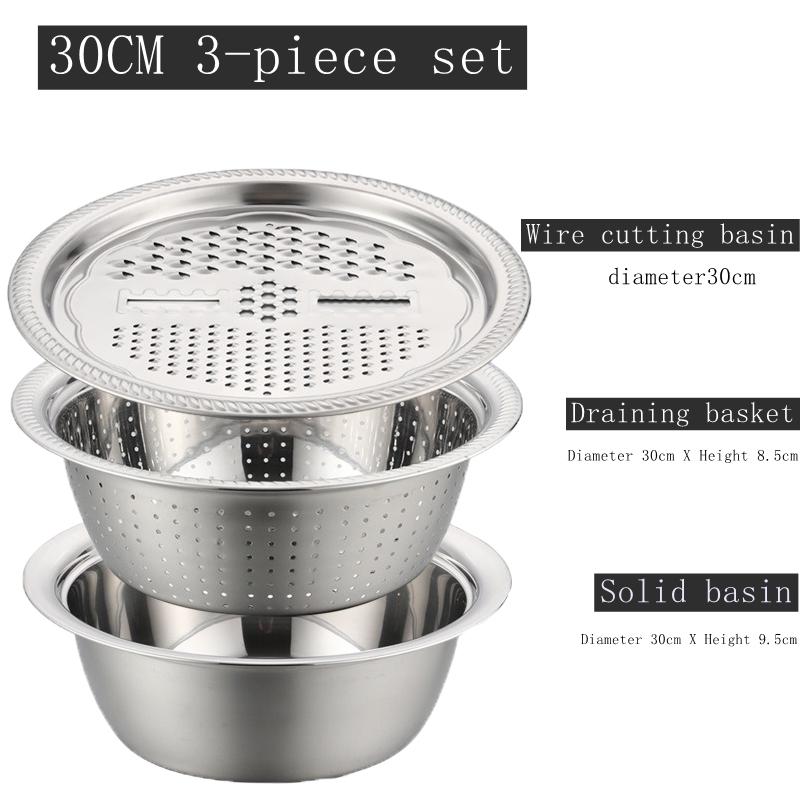 3PCS/1Set Stainless Steel Basin Vegetable Grater  Potato Slicer, Vegetable Washing Basin, Drain Basket, Multifunctional
