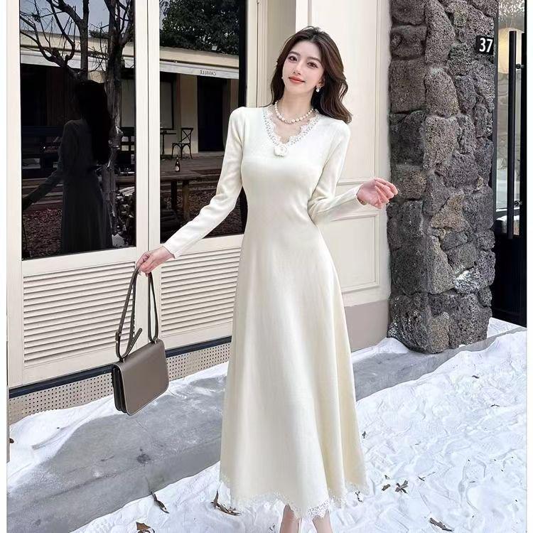 Women s Slimming A-line Patchwork Knit Long Dress - Exclusive Early Autumn Collection M абрикосовый