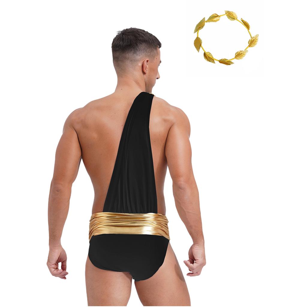 Mens Ancient Greek Roman Costume One Shoulder Bodysuit Metallic Belt Briefs Toga Jumpsuit Leaf Garland Headwear