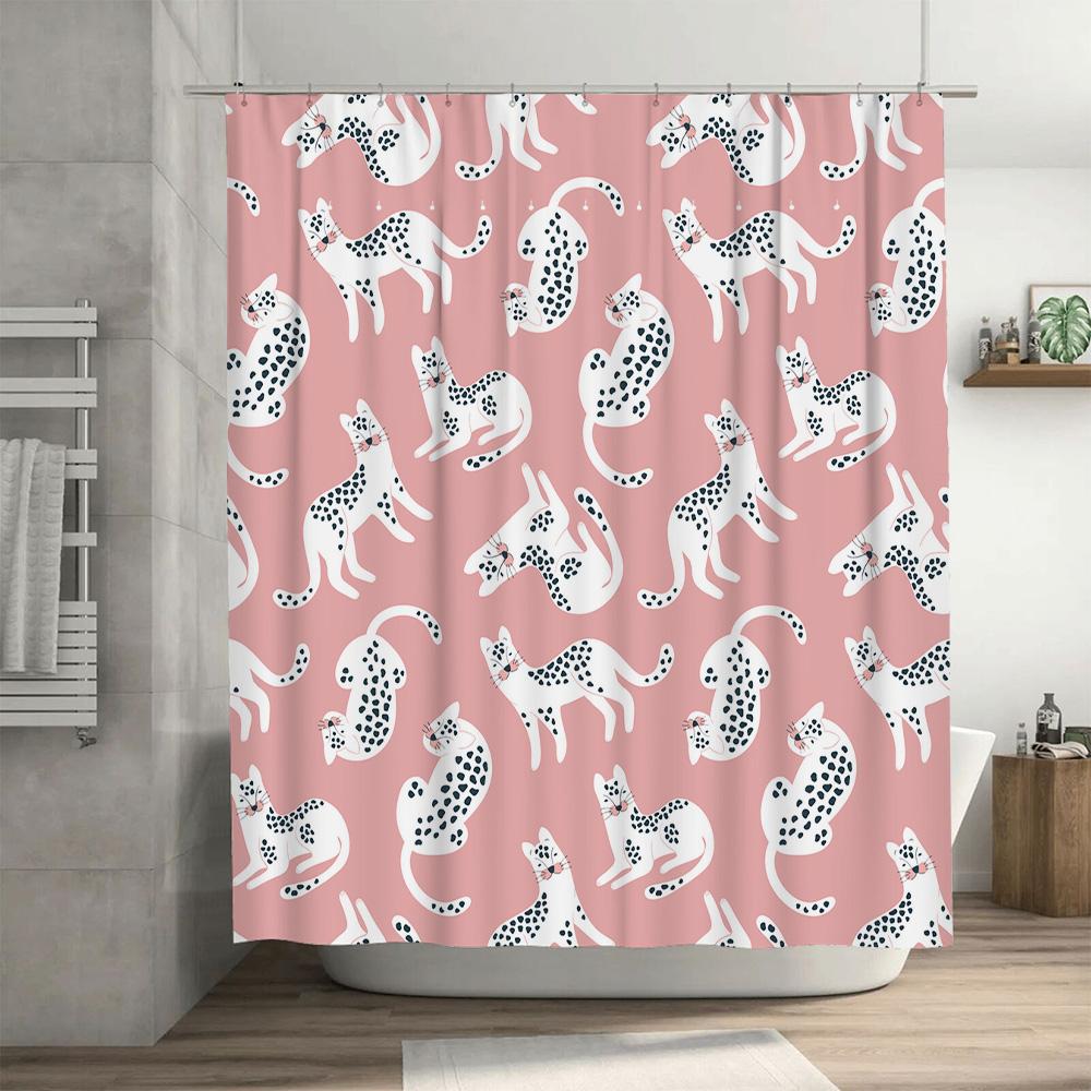 Pink Bath Shower Curtain with White Cats Dogs Pattern Decorative Waterproof Polyester for Home Bathroom Accessories