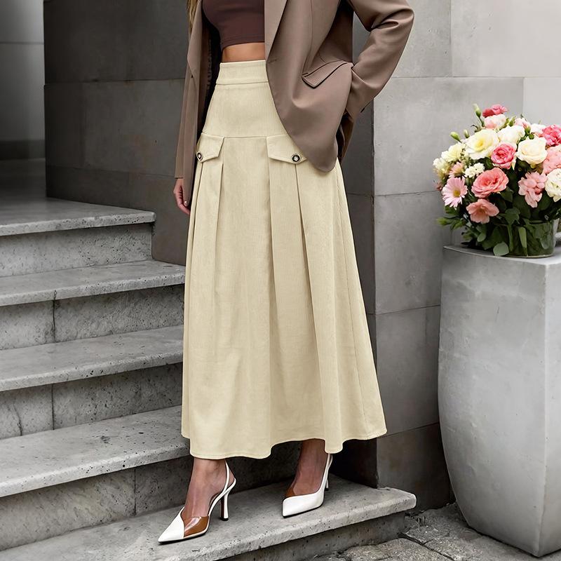 2026 Autumn/Winter New Style Business Casual Linen High-Waisted Pleated Mid-Length A-Line Skirt