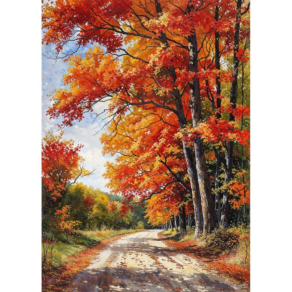 Cabana na Montanha Vista do Vale Caminho de Outono Prado de Verão Floresta de Árvores Nuvem Pôster Pintura em Tela Impressão para Sala de Estar Decoração de Casa