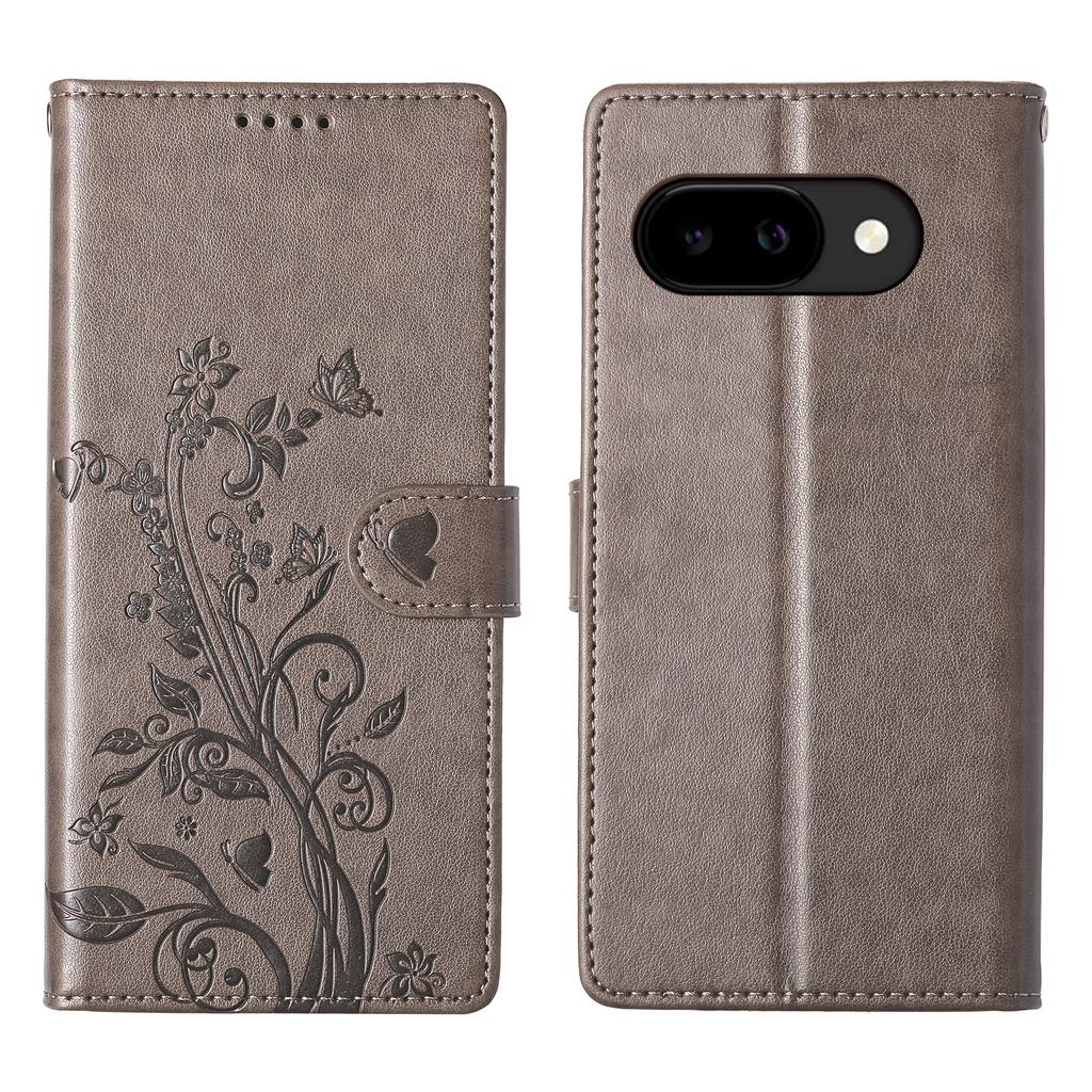 For Google Pixel 10a Wallet Case Butterfly Floral Imprint PU Leather Phone Cover with Wrist Strap