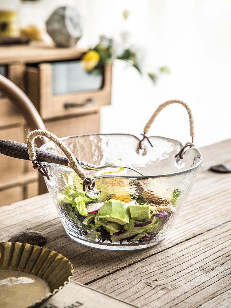 7/8.5 Inches Galss Fruit Plate with Hemp Rope Handle Nordic Large Capacity Salad Bowl Household Thickened Transparent Tableware