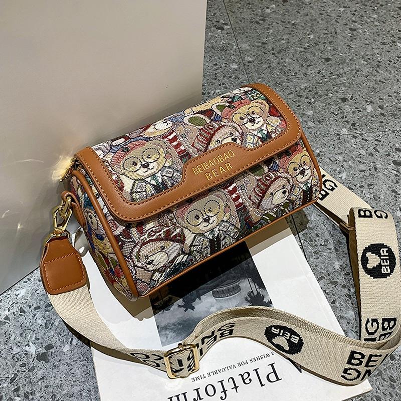 Borsa a Spalla Jacquard Orsetto Borsa a Tracolla Cilindrica Cartone Animato con Patta Borsa da Donna a Tracolla Larga Borsa a Tracolla da Donna alla Moda Pratica Regalo per Ragazze