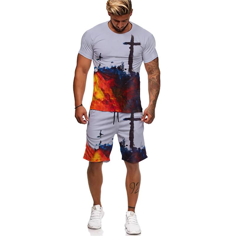 3D Jesus Loves Everyone Křesťanské tričko Léto Pánský oblek Krátký rukáv Šortky Lion Cross Print Streetwear 2 kusy Activewear