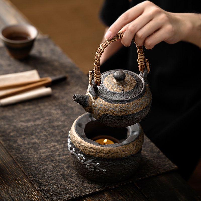 Vintage Japanese Style Rustic Ceramic Tea Kettle / Heating Base - Portable Handle Teapot for Home Use