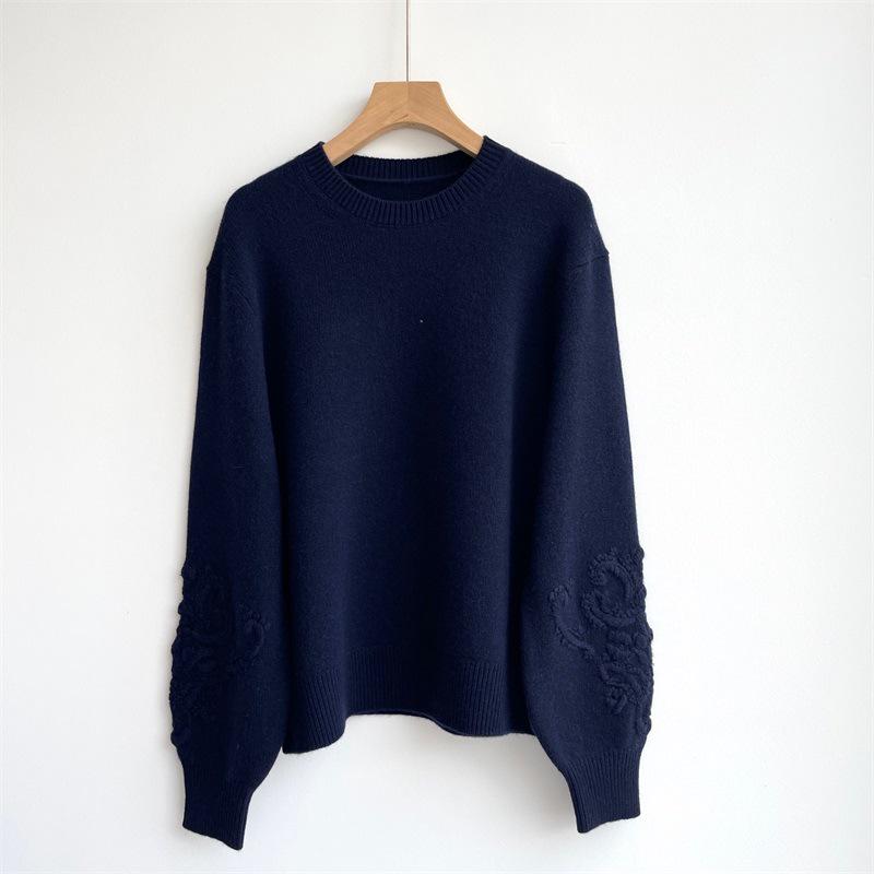 LP Simple Solid Color Cashmere Pullover with Embossed Floral Sleeves