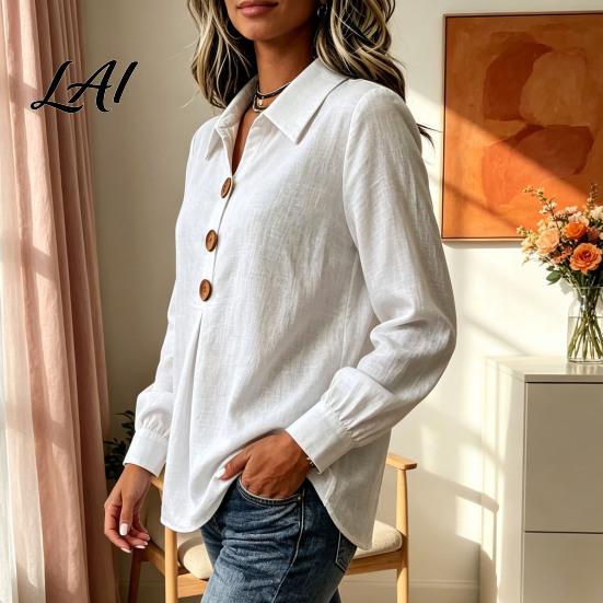 Comfortable Spring Autumn Blouses Women Button Down Shirt Blouse Long Sleeve V Neck Loose Flowy Wrinkle Resistant Moisture Wicking Shirts Breathable