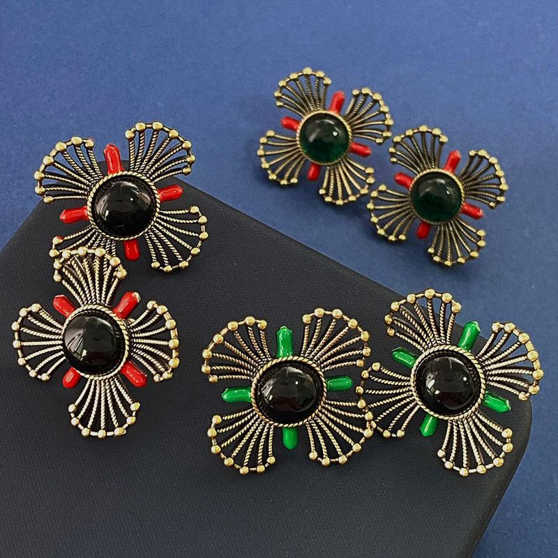 Court Retro Earrings, Enamel Dripping Oil, Gem Wind Hollow Four-Petaled Flower Stud Earrings, Ancient Style
