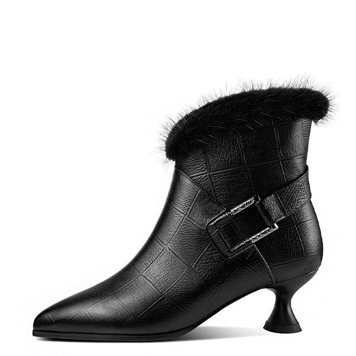 

Зимние новые полусапожки на среднем каблуке с острым носком и маленьким толстым каблуком, женские полусапожки, детская модная обувь из норковой кожи 40