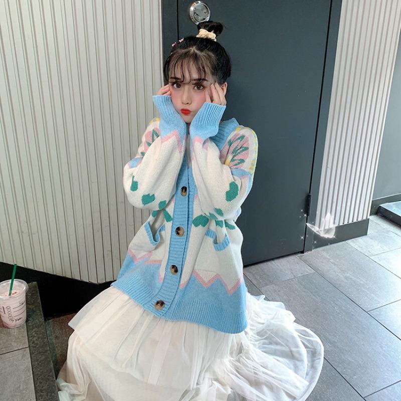 V-neck color lazy style Korean thick loose cardigan, autumn and winter new ladies gentle and cute sweater jacket 6010