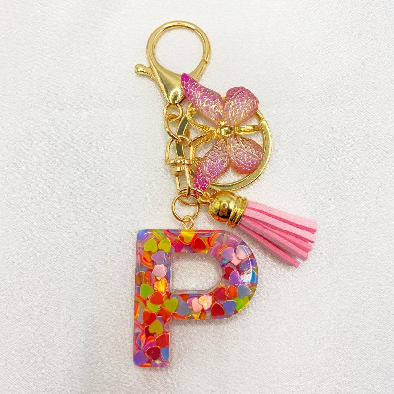 26-Letter Alphabet Resin Keychain with Star Sequins & Tassel Charm