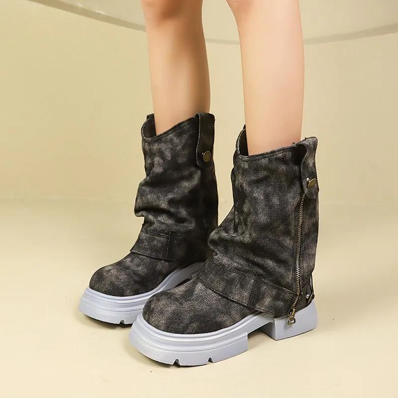 

Fashion Shoes Female 2024 Hot Sale Slip-on Women s Boots Fashion Zip Modern Boots Women High Quality Rivet Round Toe Mid-Calf Boots 35 темно-сірий