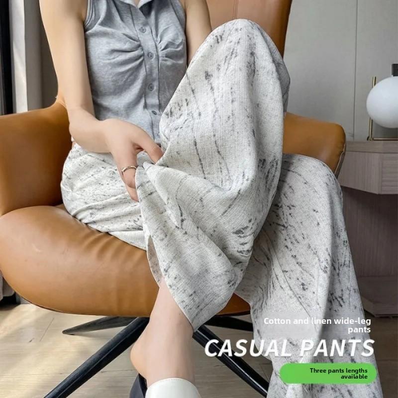 2026 High-Waisted Cotton-Linen Wide-Leg Skirt-Pants for Women, Lightweight Summer Loose-Fit Cropped Pants, Simple Casual Ice-Silk Trousers