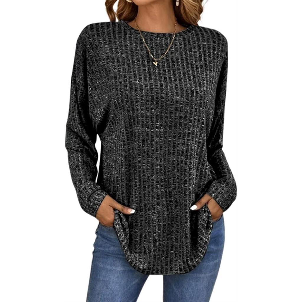 Women's Fashionable Solid Color Round Neck Long Sleeved Loose Fitting Pullover T-shirt Top