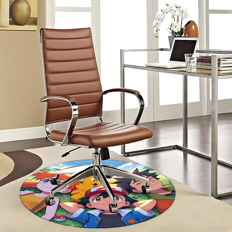 1 Stück Pokémon Pikachu & Freunde Runder Teppich - Anime Design Stuhlunterlage, Bürogeschenk, Saisonale Dekoration, Geeignet für Zuhause, Wohnzimmer