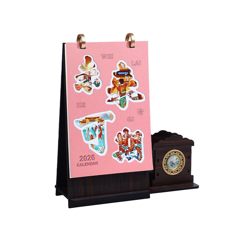 2026 Wooden Desk Calendar & 3D Hollow Pen Holder - Creative Desktop Ornament & Monthly Check-In Calendar