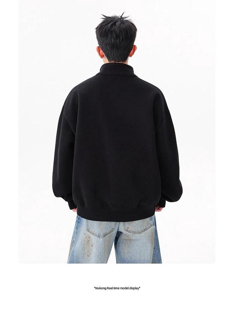 Men's Heavyweight 400g Cotton Stand Collar Hoodie - Autumn High Street Loose-Fit, Versatile Casual Half-Button Design