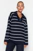 Women's Fashionable Stylish Sweater Navy Blue Wide Fit Zippered Striped Knitwear Sweater