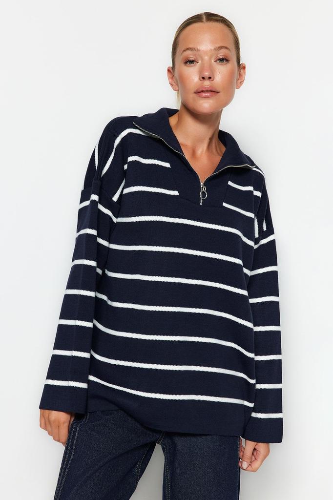 Women's Fashionable Stylish Sweater Navy Blue Wide Fit Zippered Striped Knitwear Sweater