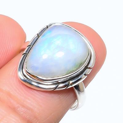 Natural Rainbow Moonstone Gemstone 925 Solid Sterling Silver Gift Ring S.8 w8S43