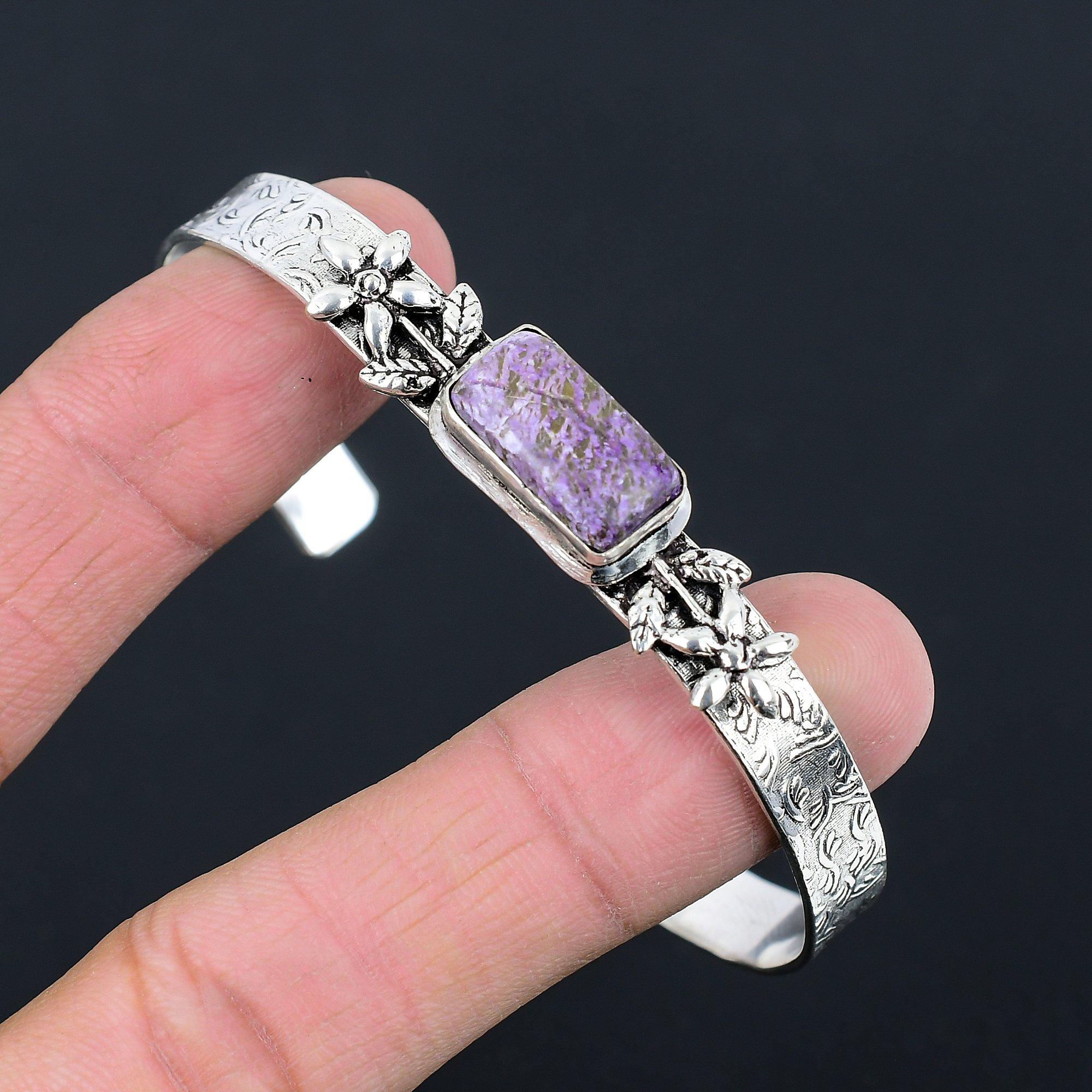 

925 Silver Radiant Purpurite Gemstone Handcrafted Flower Mother Bangle Bracelet Adjustable