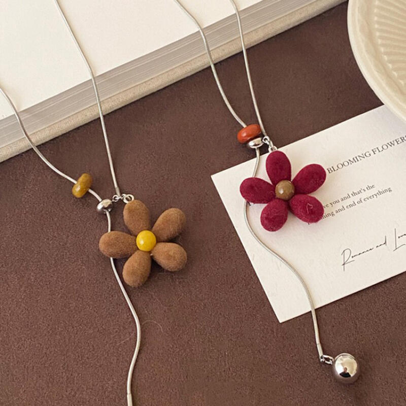 Korean Style Colorful Plush Flower Pendant Necklaces for Women Girls Casual Trendy Pull-Out Long Sweater Necklaces Jewelry Gifts