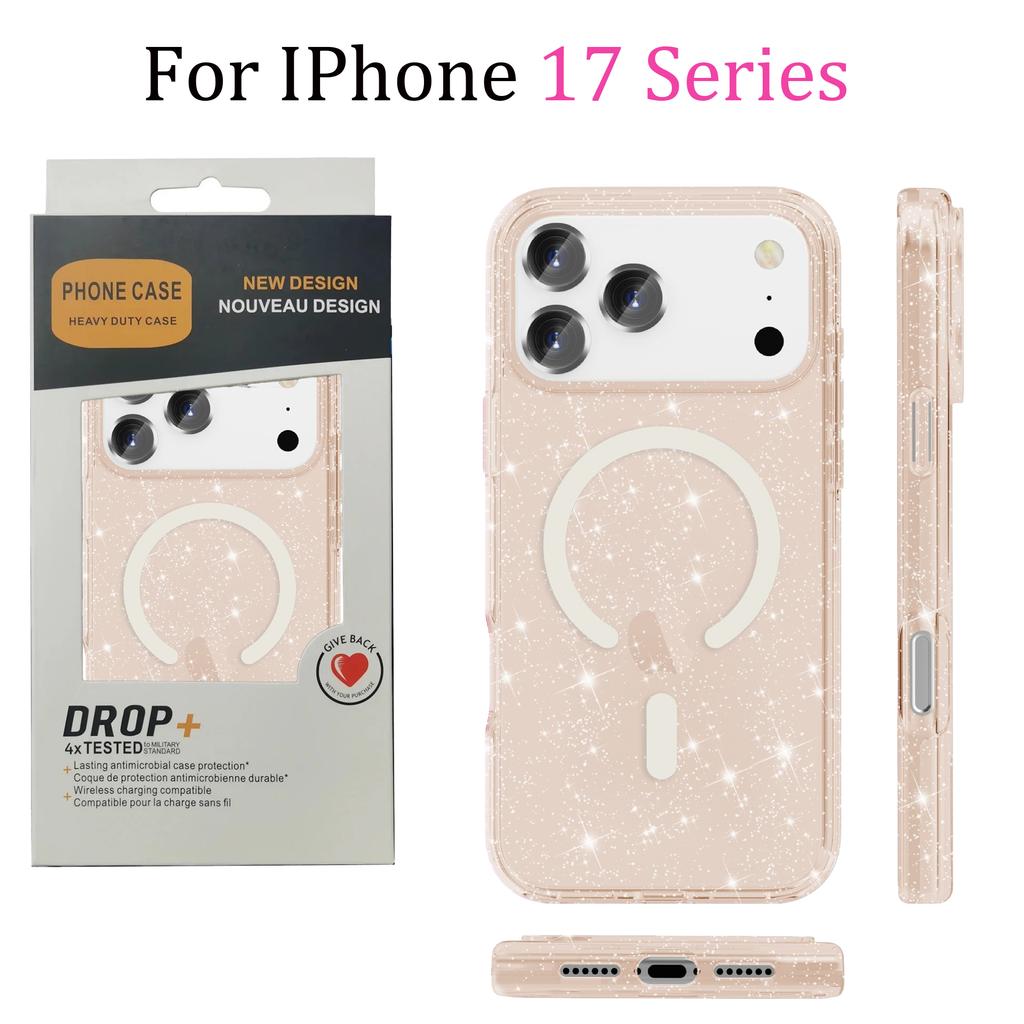 Glitter Transparent Armor for Magsafe Case for IPhone 17 Pro Max Air 16 Plus 15 14 13 Wireless Charging Ott Box Shockproof Cover