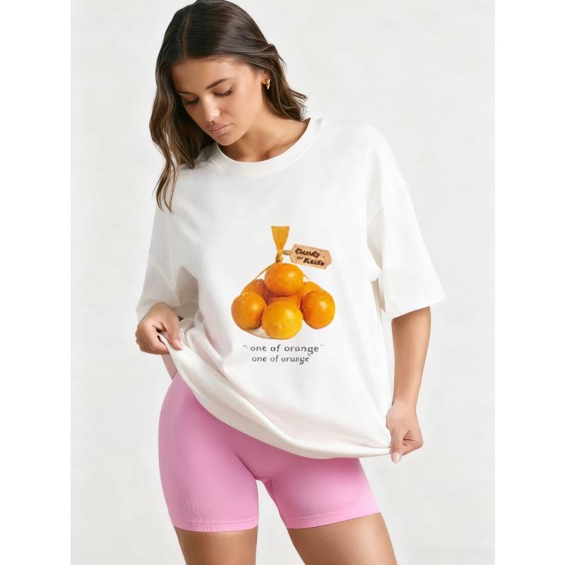 Oversized T Shirt Black Orange Fruit Print With Candy House Text And One Of Orange Quote Casual Everyday Wear