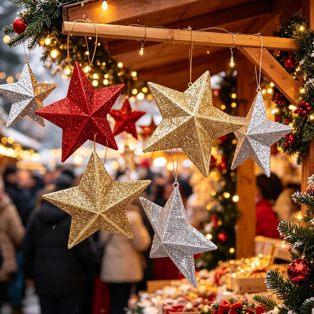 60/4x Glitter Five Pointed Star Pendants Christmas Tree Hanging Ornament Home Holiday Party New Year Festive Decoration Supplies