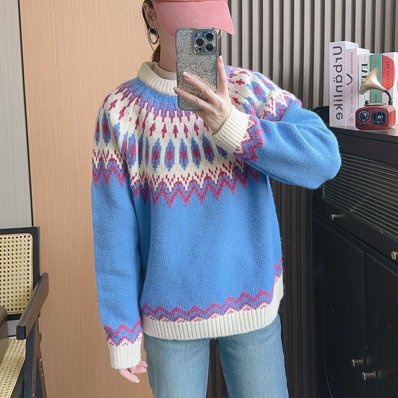 Autumn and winter retro lazy style Fair Island jacquard design sense versatile and thin long-sleeved knitted sweater women