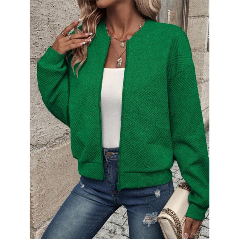 Women's Solid Textured Zip Up Jacket Casual Long Sleeve Mock Neck Outerwear for Spring & Fall  Ladies Clothes for Daily Wear