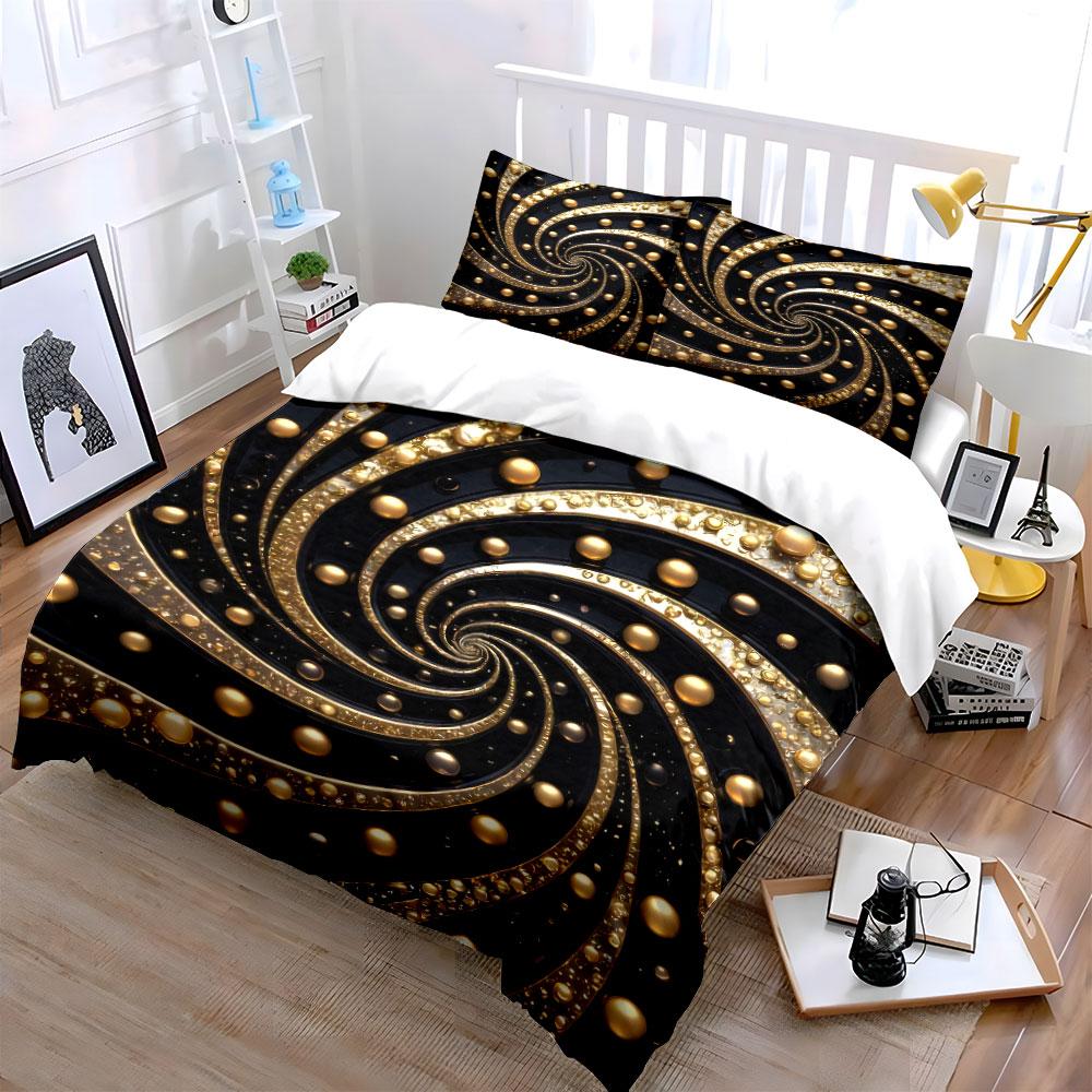 Golden Swirl Decorative Art Set Bedding Set With 1 Duvet Cover 2 Pillowcases Single Double King Queen, Gift