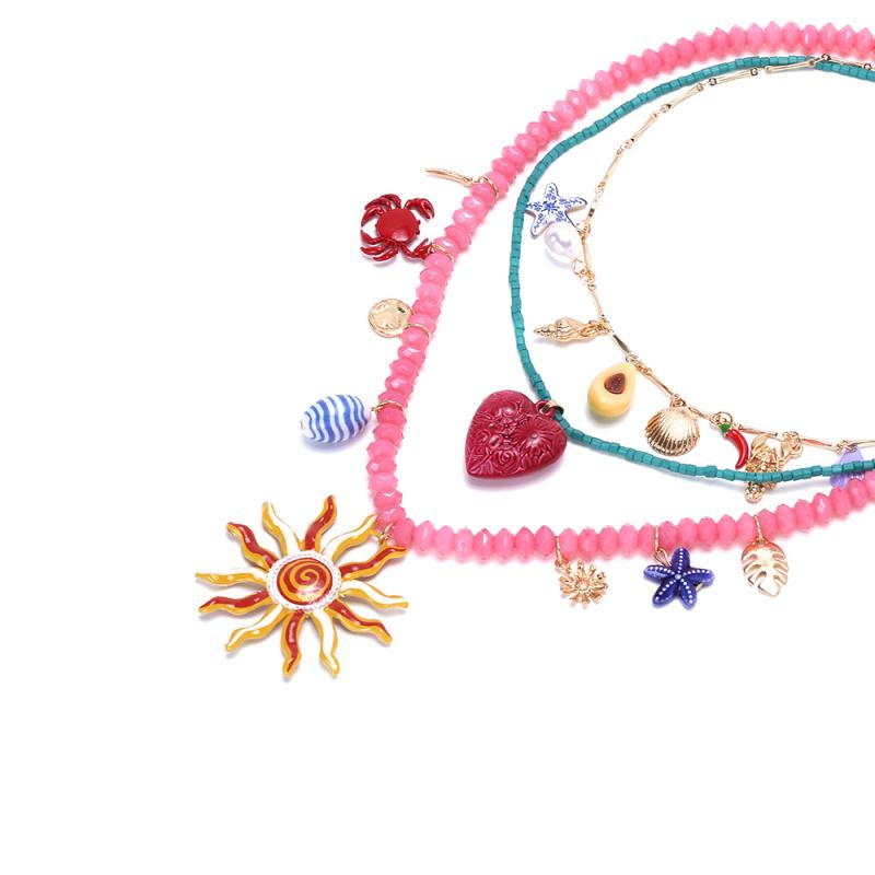 3Pcs/Set  Colorful Resin Beaded Charms Necklaces For Women Summer Ocean Vacation Style Party Jewelry Neck Accessories