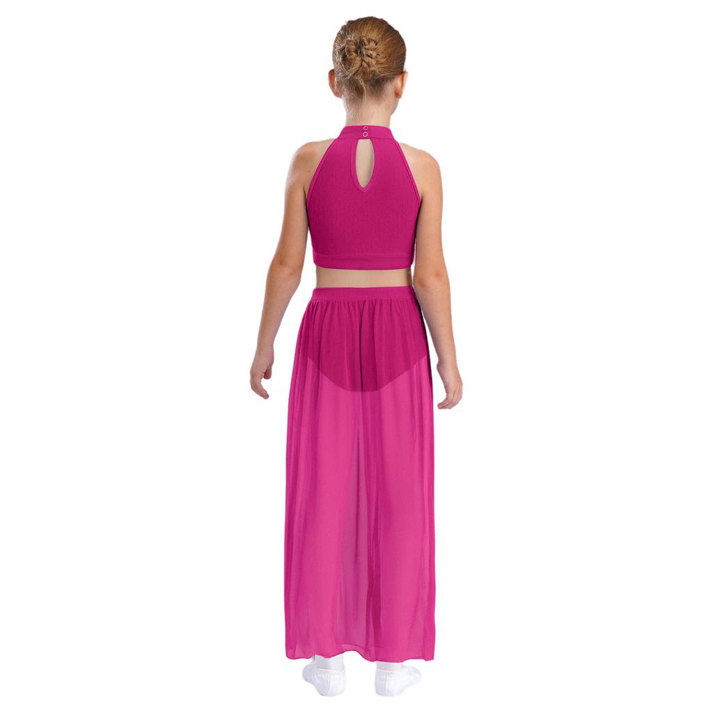 Strój do tańca lirycznego dla dziewcząt Bezrękawnikowy top crop w bloki kolorów Marszczony przód Otwór na plecach Zwiewna spódnica szyfonowa