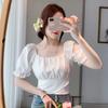 WTEMPO Brand Summer Women's Square Neck Short-sleeved Collar Exposed Collarbone Floral Shirt Design Niche Back Hollow Straps Short Tops