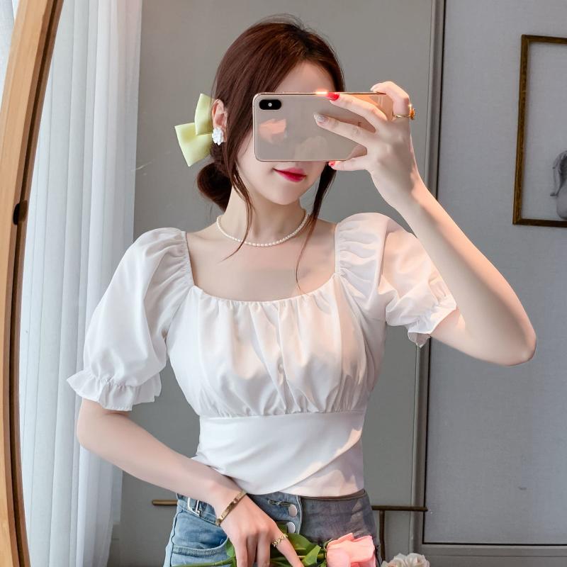 WTEMPO Brand Summer Women's Square Neck Short-sleeved Collar Exposed Collarbone Floral Shirt Design Niche Back Hollow Straps Short Tops