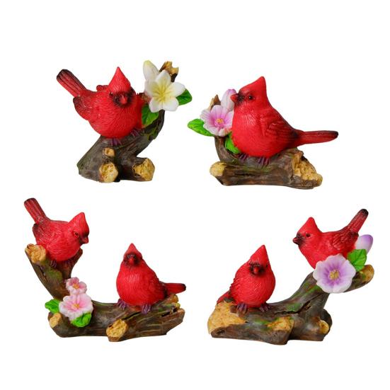 Red Bird Figurine Resin Miniature Red Bird Ornament Decorative Red Birds Perched On Branch Statue for Desktop Moss Micro-Landscape Garden Fence