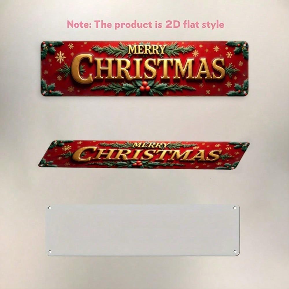 2D Vintage Weihnachts-Blechschild, Rotes Goldenes Feiertags-Wandbild, Frohe Weihnachten Schriftzug, Vorgebohrte Aluminium-Dekoration