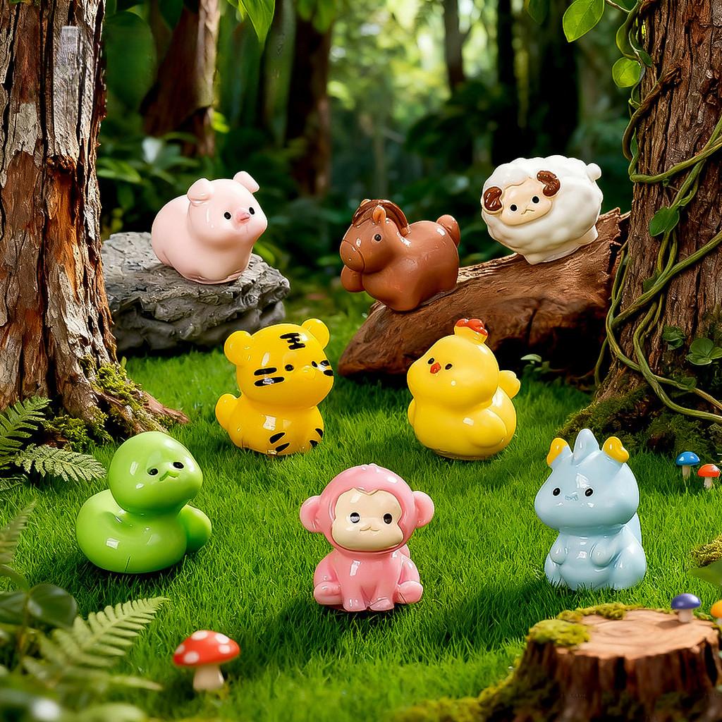 12Pcs/set Multicolors Cartoon Mini Zodiac Animal Miniatures Resin Ornaments Fairy Garden Decoration Moss Terrarium Micro Landscape