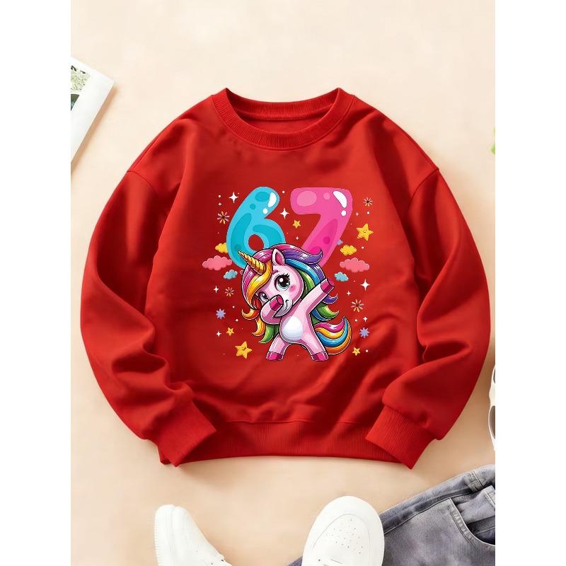 Kids Girls Crewneck Sweatshirt, Cute Dab Unicorn Cartoon With Glossy Blue Number 6 & Pink Number 7 Cloud Star Confetti Print Pullover For 7th Birthday